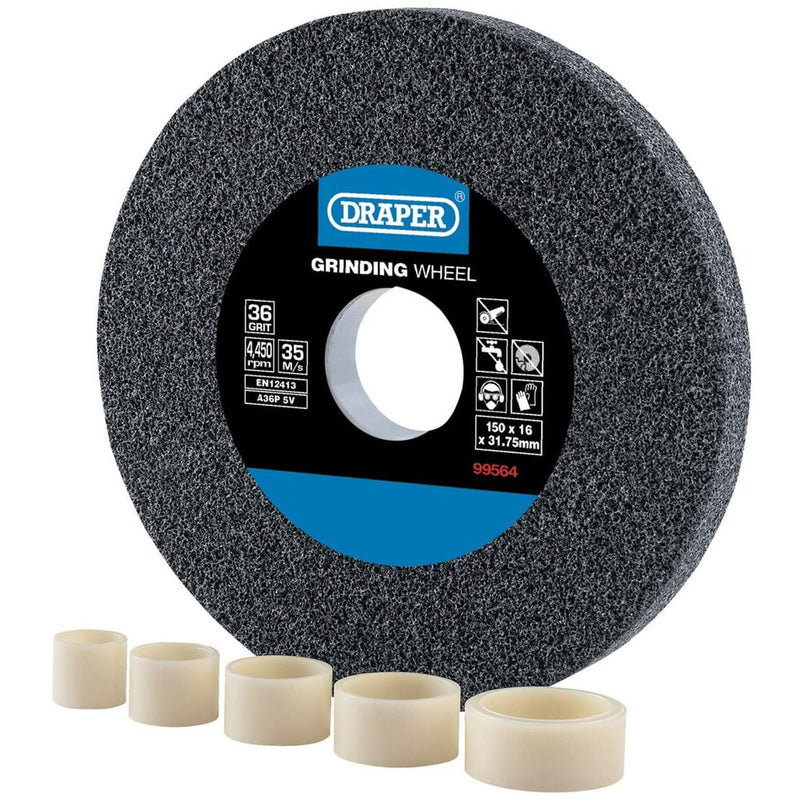 Draper Tools Expert 150 x 16mm Aluminum Oxide Bench Grinding Wheel | 36 grit, 31.75 mm bore, includes 5 reducing rings, for steel and non-ferrous metals