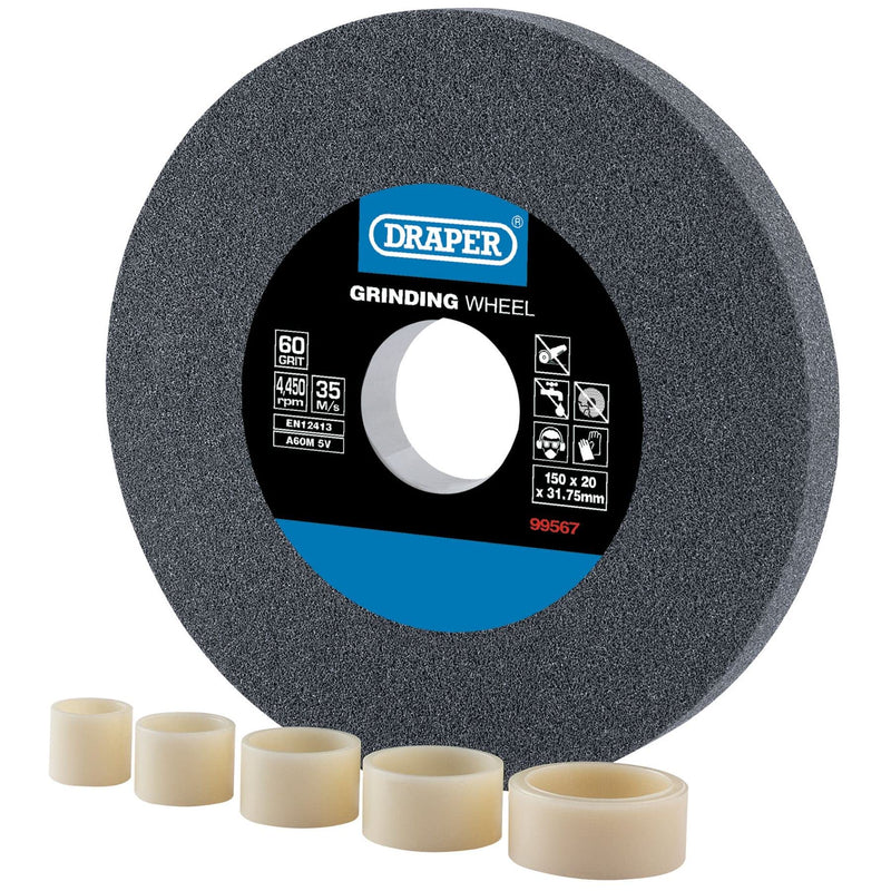 Draper Tools Expert 150 x 20mm Aluminum Oxide Sanding Disc | For steel and non-ferrous metals, 60 grit, 31.75 mm bore, 5 reduction rings