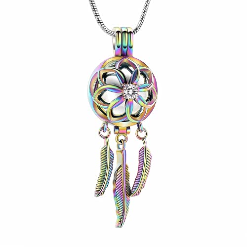 Dream Catcher Urn Necklace for Ashes Cremation jewelry for Women Men Stainless Steel Memorial Necklaces Ash Holder for Human Pets Keepsake Jewelry with Fill Tool Rainbow-Silver