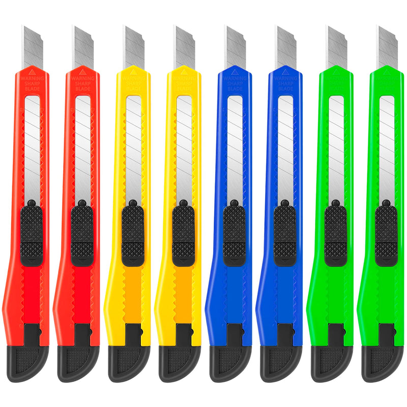 [Australia - AusPower] - 8 Pack Utility Knife Box Cutters (9mm Wide Blade Cutter 4 Colors) Box Cutter Retractable, Compact Utility Knives, Extended Use for Office, Craft, Razor Knife, Paper Knife, Disposable Box Opener 8 Pack 