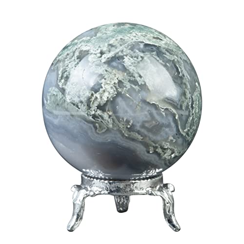 Crocon 45mm Moss Agate Stone Sphere Ball with Metal Stand Crystals Ball Moss Agate Sphere