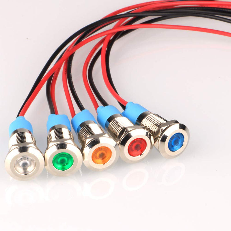 [Australia - AusPower] - 5pcs 8mm LED Metal Indicator Light AC/DC 12-24V Waterproof Signal Lamp Pilot Dash Directional with Wire Multicolored AC/DC 12-24V 