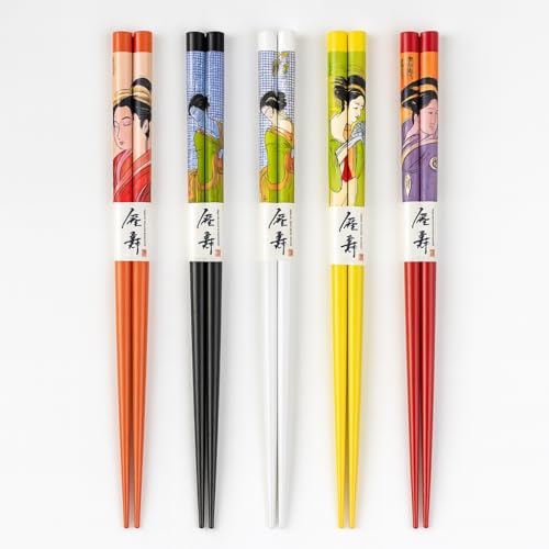 JapanBargain, 10 Pack 5-Pair Bamboo Chopsticks Set, Japanese Geisha Design, 5 Colors, Reusable Wooden Chop Sticks, Dishwasher Safe, 9 Inch, Eco-Friendly Utensils for Sushi Ramen Noodles Bento