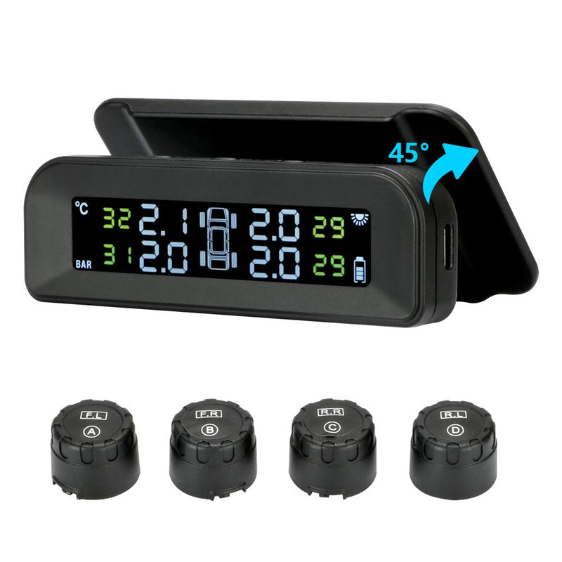 [Australia - AusPower] - Tire Pressure Monitoring System Wireless Solar TPMS, Tire Pressure Monitor Installed on Windowshield with 4 External Sensors Real-time Display Temperature Pressure 22-87 PSI for Car RV SUV MPV Sedan 
