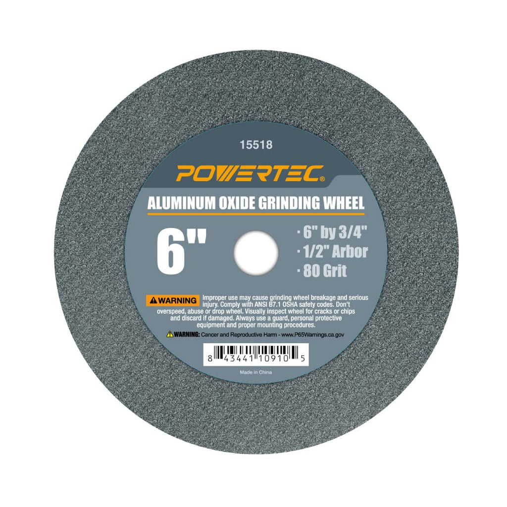 POWERTEC 15518 Bench and Pedestal Grinding Wheels, 6 Inch x 3/4 Inch, 1/2 Arbor, 80 Grit, Aluminum Oxide Bench Grinder Wheel for Bench Grinder, 1 Pack 80 Grit, 1PK 6" Grinding Wheels