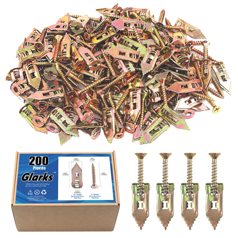 [Australia - AusPower] - Glarks 200Pcs Drywall Self-Drilling Anchors with Screws, 100Pcs Carbon Steel Hollow Wall Anchor Tapping Screw with 100Pcs Screws Kit, No Drill or Holes in Wall 