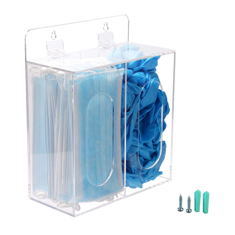 Acrylic Mask and Gloves Dispenser Holder with Lid, Wall Mount Double Dispenser Hoder for Face Mask, Hairnet, Shoe Cover, Bouffant Cap - Can Hang on The Wall and Stand on The Table (Clear)