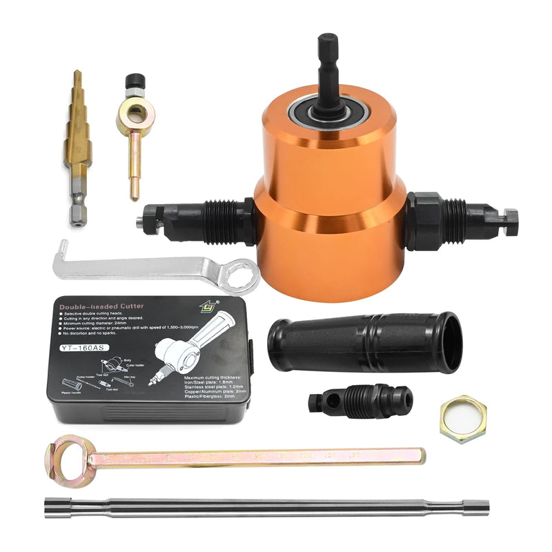 360 Degree Double Head Sheet Metal Nibbler Cutter, Drill Attachment Metal Cutter with Extra Punch and Die, Cutting Hole Accessory and Step Drill Bit, for Straight Curve and Circle Cutting