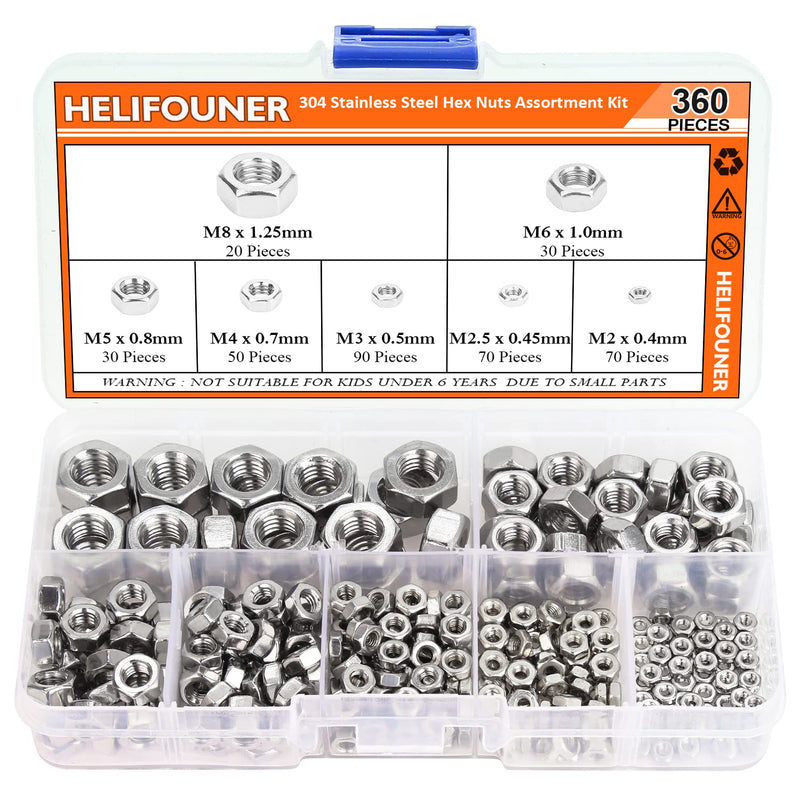[Australia - AusPower] - 360 Pieces 7 Sizes 304 Stainless Steel Hex Nuts Assortment Kit (M2 M2.5 M3 M4 M5 M6 M8) 