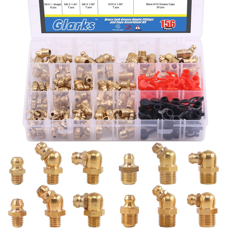 [Australia - AusPower] - Glarks 156Pcs Metric & SAE Straight and 45 Degree and 90 Degree Hydraulic Grease Brass Zerk Grease Nipple Fitting with 60Pcs M6 M10 Caps Assortment Kit 