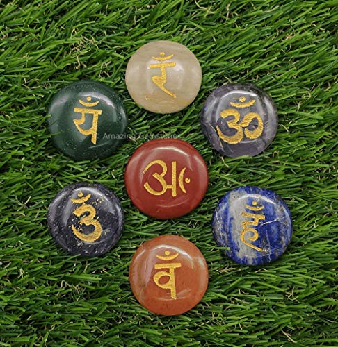 Amazing Gemstone 7 Chakra Disc Set Reiki Healing Crystal with Engraved Chakra OM Symbols Holistic Balancing Polished Palm Stones Set with Velvet Pouch