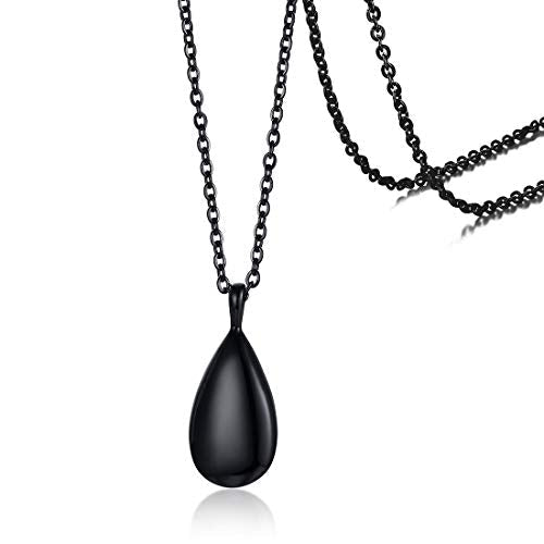 Rockyu Teardrop urn Necklaces for Ashes for Women Stainless Steel Simple Pear Shape Pendant Water Drop Keepsake Memory Dainty Necklace Chain 20 Inch Cremation Jewelry (Black)