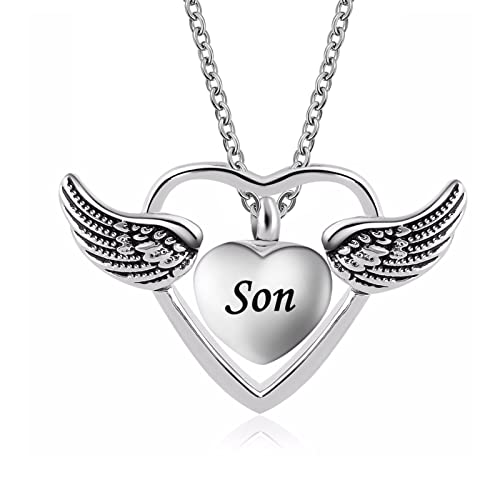 Double Heart Cremation Urn Necklace for Mom Grandma Dad Pet Ashes Angel Wing Memorial Keepsake Pendant Jewelry A Piece of My Heart Lives in Heaven Son