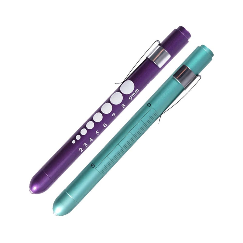 Aokin Pen Light with Pupil Gauge, Reusable LED Penlight Medical for Doctor Nurse Diagnostic etc, White Light, Purple and Teal