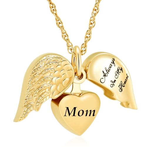 shajwo Cremation Jewelry Angel Wing Heart Urn Necklaces for Ashes Memorial Keepsake Pendant for Women Men Open Style-Mom
