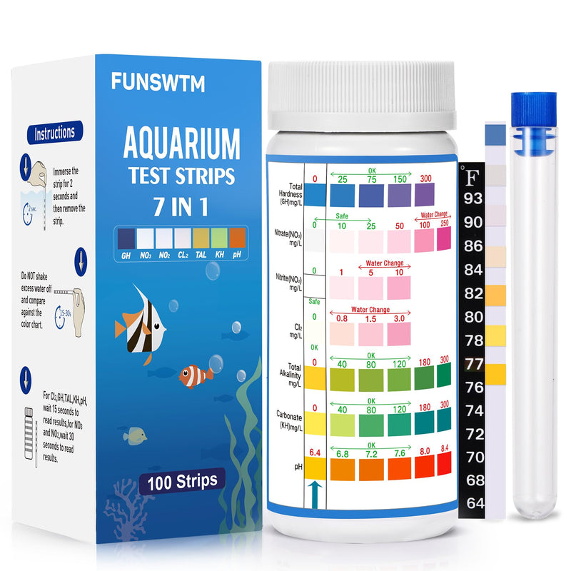 [Australia - AusPower] - Aquarium Test Strips for Freshwater Fish: 7 in 1 Fish Tank Water Testing Kit for Aquarium Pond - Accurate Testing Nitrate Nitrite Hardness Free Chlorine pH Carbonate Total Alkalinity-100 Strips 7 in 1 - 100 Count 