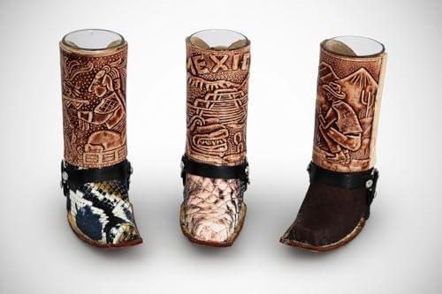 Mexican Boot Shot Glass - Handmade Hand Tooled Leather Mini Boot Tequila Shot - Cowboy Boot Glasses - Assorted Colors - 3 Pack - Approximately 5 1/2" H x 6" W random