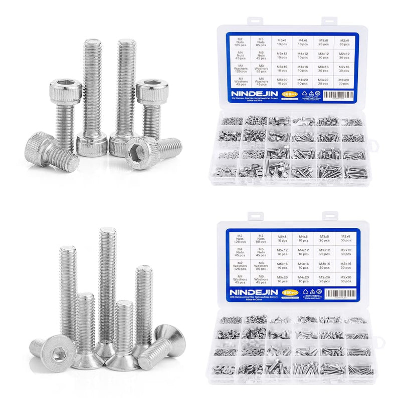 [Australia - AusPower] - NINDEJIN 304 Stainless Steel 880pcs M2 M3 M4 M5 Hex Socket Cap Machine Screws Bolts, Nuts Set and Washers Assortment Kit +Wrench (Button Head Screws Set and Flat Head Screws Set Limited-Time Combo Set 