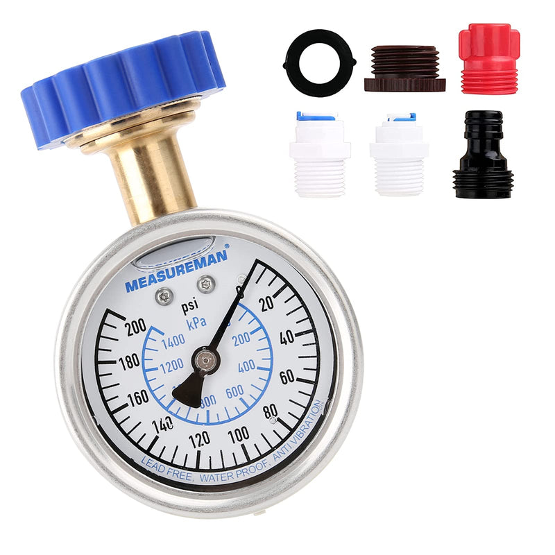 MEASUREMAN 2-1/2" Water Pressure Gauge Kit 6 Parts Kit, Lead-Free Brass, 2-1/2" dial, 0-200 Psi，Glycerin Filled,3/4" Hose Thread, Plus 5 Adapters Integral Stainless Steel Case(7in1)