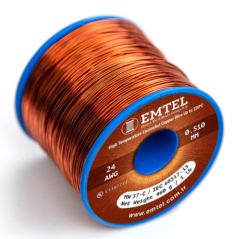 [Australia - AusPower] - Emtel 24 AWG - 1 lb (805 feet) 99.9% Pure Copper Wire, Enameled Magnetic Wire for Motor, Transformer, Magnetic Coil, & Electroculture Gardening, Winding Magnet Wire - 220°C (428°F) Thermal Class 