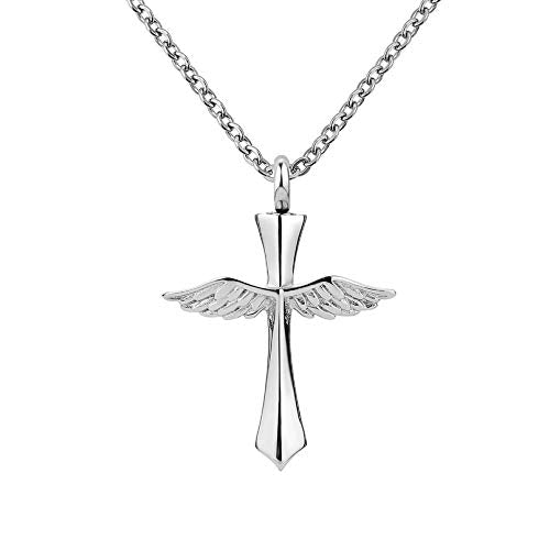 TGLS Angel Wing Cross Cremation Urn Necklace for Human Ashes Pet Memorial Keepsake Pendant Jewelry for Mom Dad Grandma Pet Dog Cat