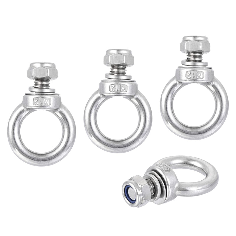 [Australia - AusPower] - uxcell Lifting Eye Bolt M12 x 20mm Male Thread with Hex Screw Nut Gasket Flat Washer for Hanging Securing Chain Wire Rope, 304 Stainless Steel, 4 Sets 