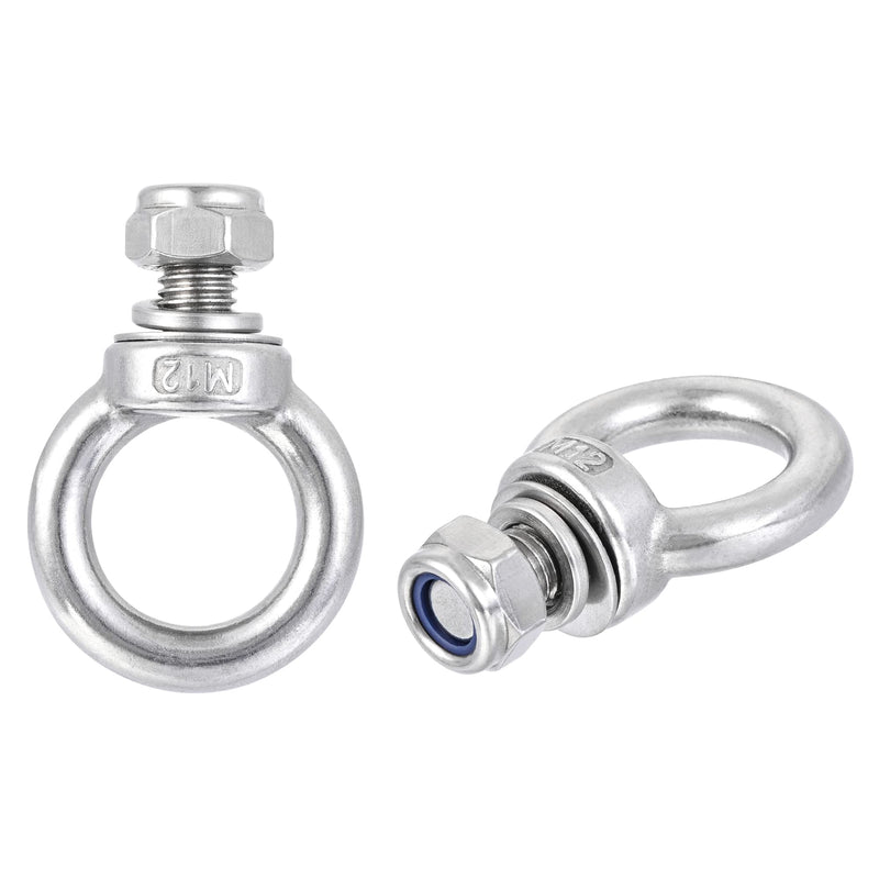 [Australia - AusPower] - uxcell Lifting Eye Bolt M12 x 20mm Male Thread with Hex Screw Nut Gasket Flat Washer for Hanging Securing Chain Wire Rope, 304 Stainless Steel, 2 Sets 