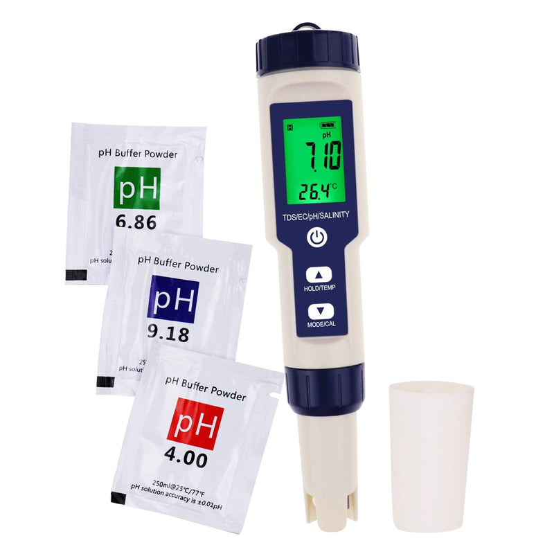 [Australia - AusPower] - Pentype Multi-Paramater 5-in-1 Water Quality Tester (pH/TDS/EC/Temp/Salinity) Waterproof Digital Meter Household Industrial Laboratory Analysis 