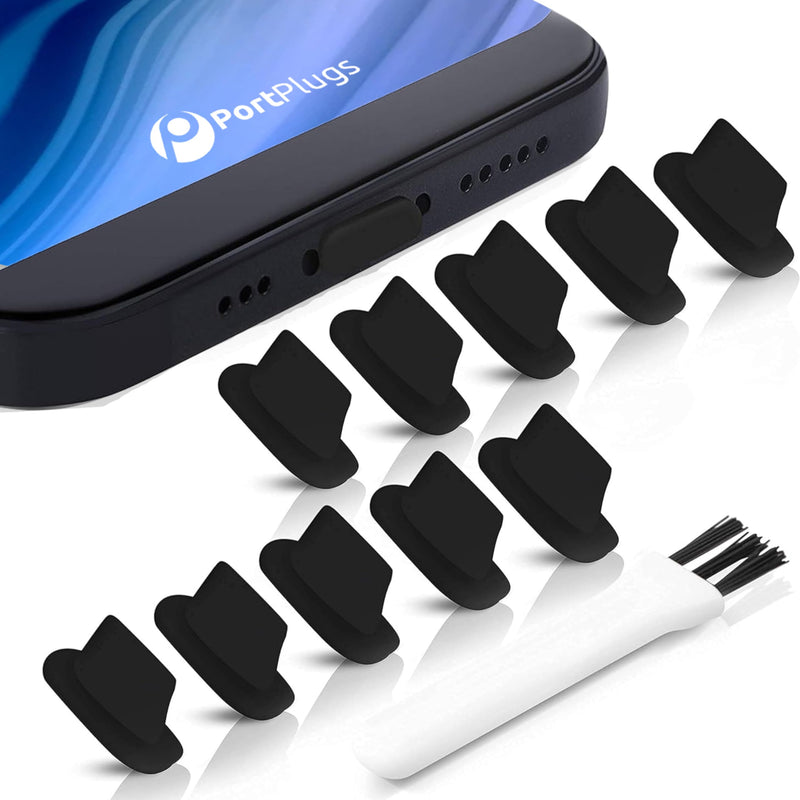 [Australia - AusPower] - Anti Dust Plugs (10 Pack) - Includes Charging Port Cleaning Brush - Flat Design Port Protector Cover - Compatible w/iPhone 14, 13,12,11 & Air Pods - Black 