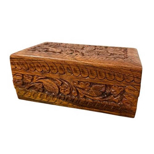 Handcrafted Wooden Jewelry Box – Floral Carvings, Secret Child-Resistant Lock, 7" Tabletop Trinket Holder – Ideal Valentine's Gift for Earrings, Rings, Necklaces, and Keepsakes 7" Box