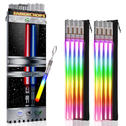 LIGHTSABER CHOPSTICKS LIGHT UP STAR WARS CHOPSTICK LED Glowing Light Saber Chop Sticks REUSABLE Sushi Sabers Cool Fun Geeky STARWARS Chop Stick Set 4 PAIRS | FREE Keychain Soft Carry Pouch | Gift Box 4 PAIRS & FREE KEYCHAIN 8 COLOR MODES