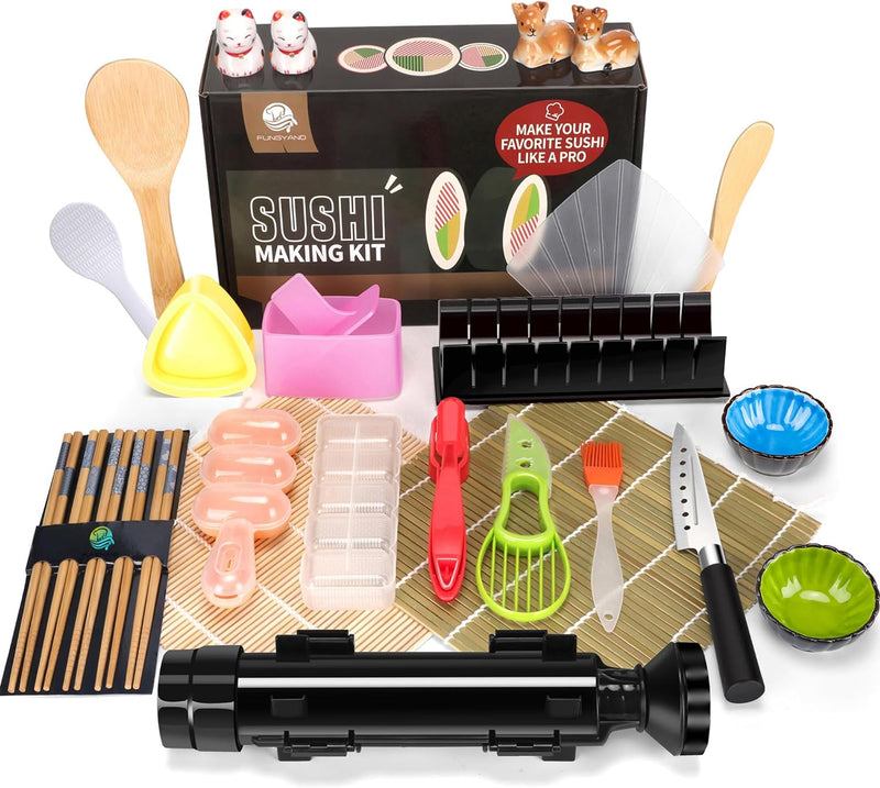 [Australia - AusPower] - Sushi Making Kit -14 in 1 - Easy-to-Use for Beginners with Sashimi Knife, Paddle Spreader, 2 Bamboo Sushi Mat, Black Bazooka, Reusable Chopsticks, Storage Bag, Green Avocado Slicer 