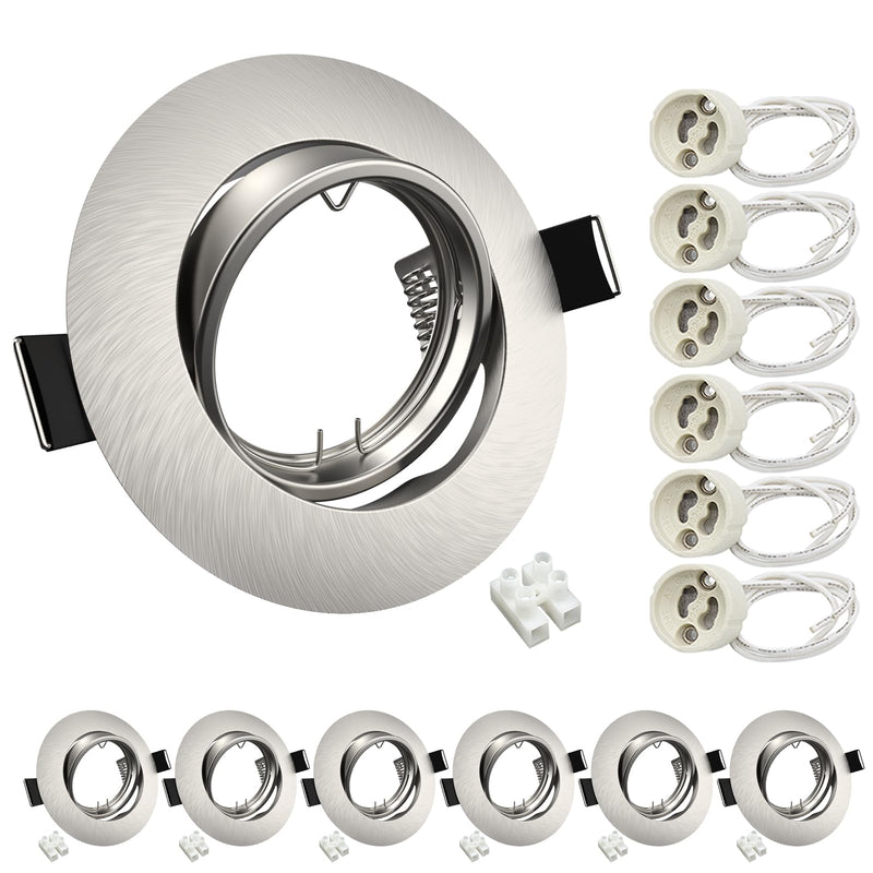 Set of 6 Recessed Spotlights GU10 Frame 68-85 mm Brushed Swivel | Recessed Frame GU10 Round LED Spotlights 230V Swivel Ceiling Spotlights Brushed Stainless Steel Living Room Bedroom Kitchen incl. Socket 6 Pieces Round