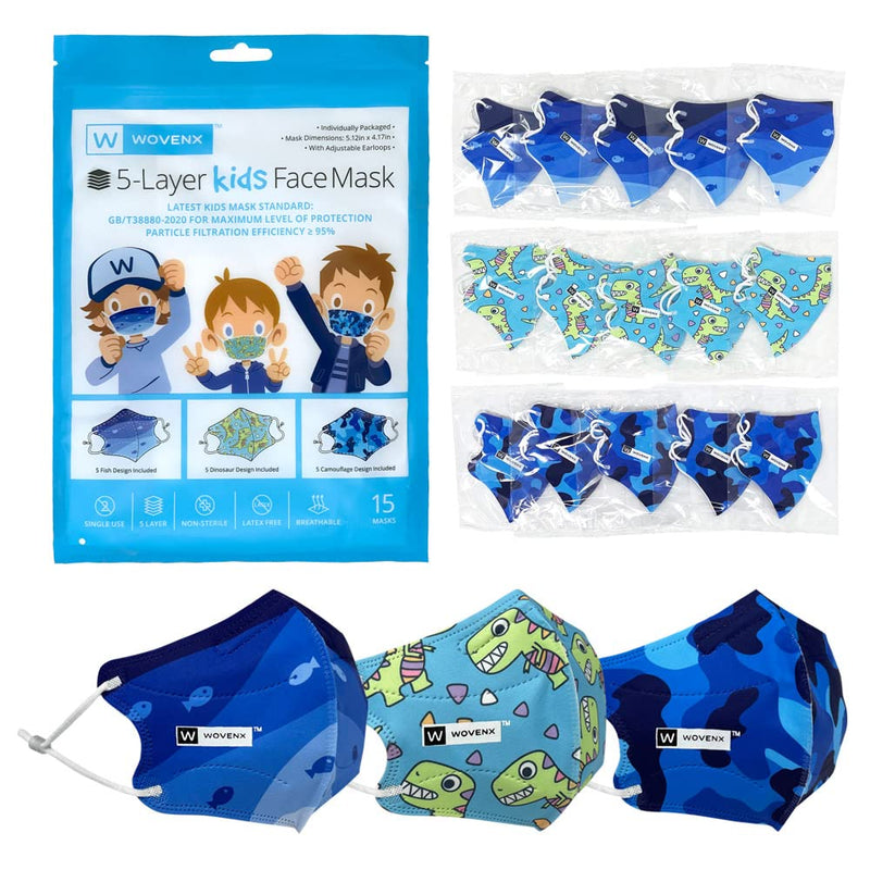 FDA Registered, 5 Ply Disposable Kids Face Mask 15 Pack, Adjustable Earloops, Individually Sealed Boys Masks
