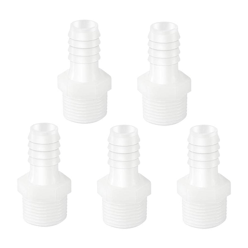 Quickun Plastic Hose Barb Fitting, 1/2" Barb to 1/2" Male Thread White Adapter Union Fitting (Pack of 5) 1/2" Barb x 1/2" Male thread