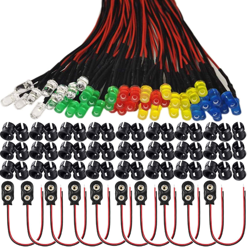 RUNCCI-YUN 50 x 5 mm LEDs, 12 V pre-wired light, pre-wired LED, diode light, 20 cm pre-wired light, red, yellow, green, blue-white, 50 x 5 mm LED mounting rings, 9 V battery connection