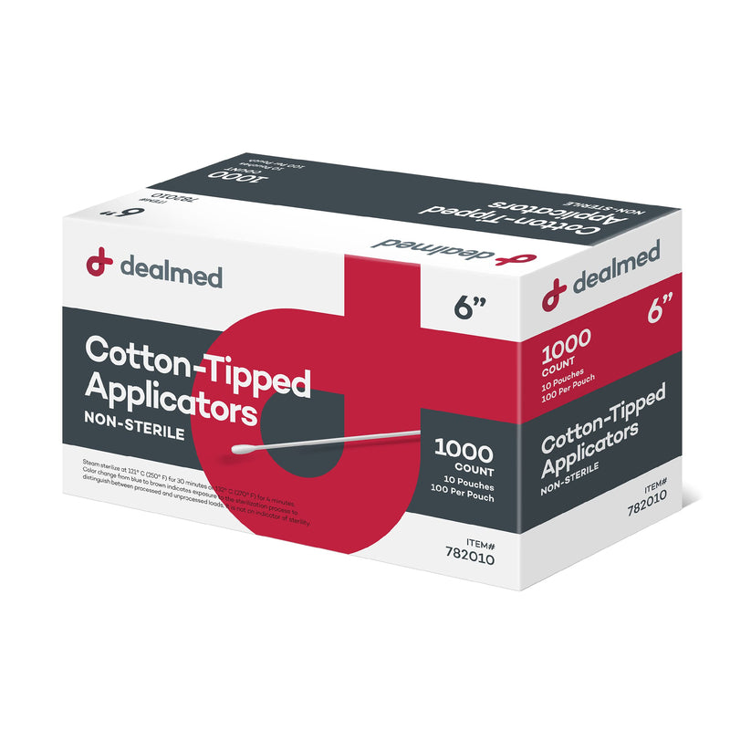 [Australia - AusPower] - Dealmed 6" Cotton-Tipped Wood Applicators – 1,000 Non-Sterile Cotton-Tipped Applicators, 100 Applicators Per Pouch, Ideal for Application of Medication, Cleaning Skin, Arts and Crafts and More 6" Non-Sterile (Box of 1,000) 
