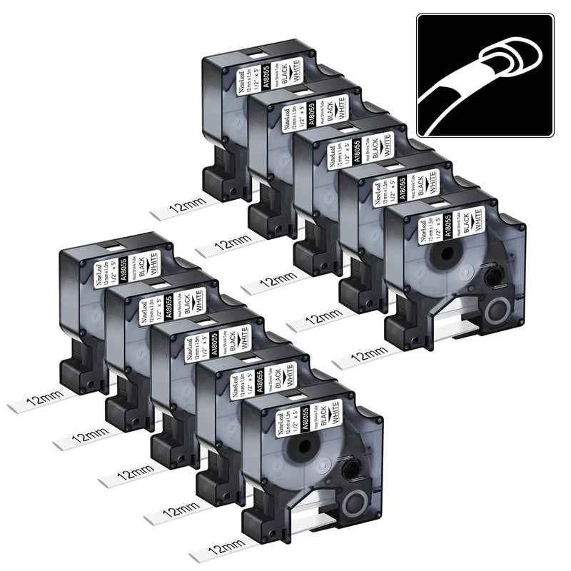 Nineleaf 10 Pack Industrial Heat Shrink Tube 18055 Compatible for DYMO Rhino A18055 12mm 1/2" Black on White Industrial Wire Label Tape for Rhino Pro 3000 4200 5000 5200 6000 3M Label Maker 1/2 Inch