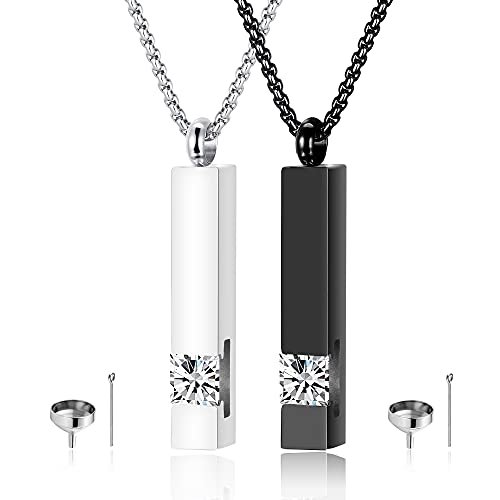 MOROTOLE 2 Pcs Urn Necklaces for Ashes Memorial Cremation Urn Necklace Stainless Steel Black Silver Tone Bar Pendant Necklace Ashes Keepsake Jewelry with Cubic Zirconia 2 Psc/set,Style A ,Black and Silver Pendant