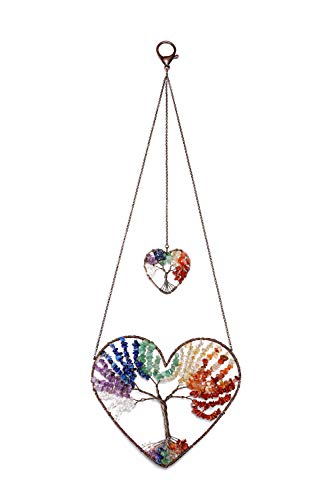 Jovivi Double Heart 7 Chakra Crystals Tree of Life Hanging Ornament Decor