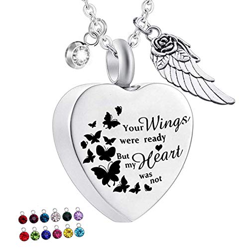 Vanski Heart Shape Cremation Urn Necklace for Ashes with 12 Birthstones Memorial Pendant - Your Wings Were Ready But My Heart Was Not