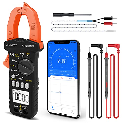 AIOMEST AI-7200APP Bluetooth TRMS clamp multimeter with digital display, current, voltage, resistance, and NCV testing