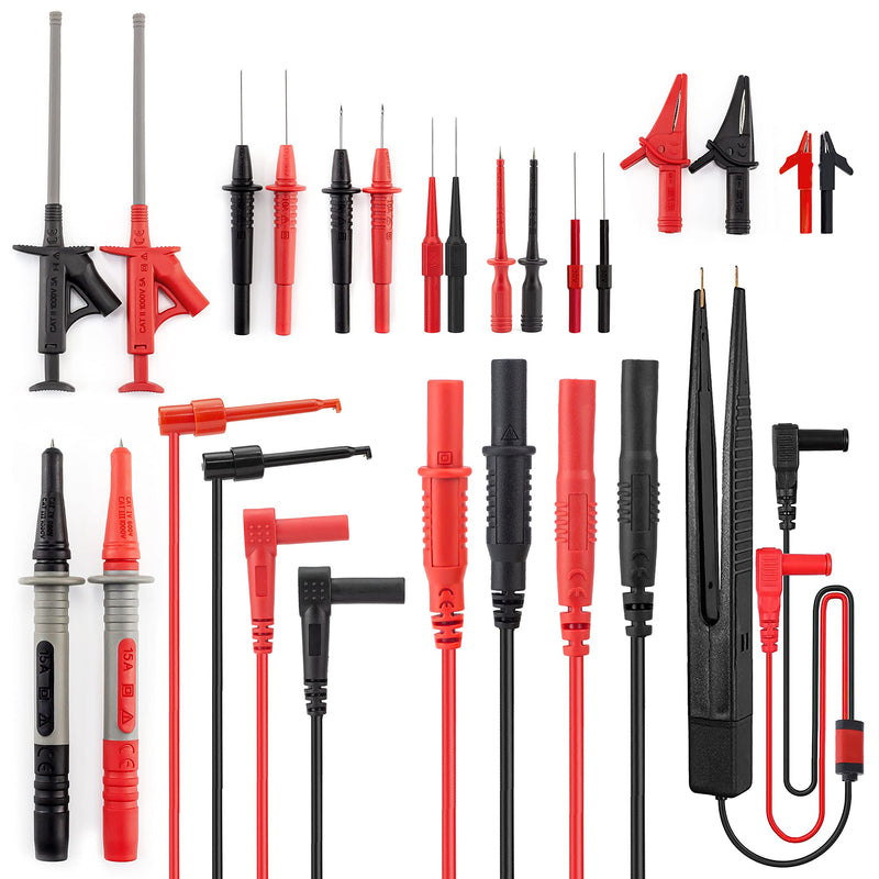 KAIWEETS Test Leads Test Cable Kits 23-Piece Electronic Cable with Alligator Clips, Tweezers, Hooks, Insulated Piercing Needle, Interchangeable Test Probe Kit for Digital Multimeter red, black