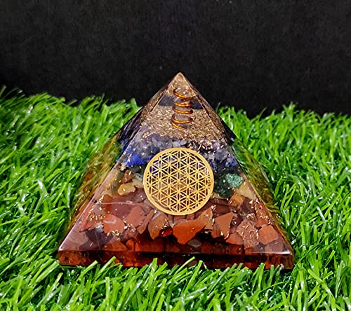 Seven Chakra Orgone Crystal Pyramid with Flower of Life Symbol for Reiki Healing, Chakra Balancing, Aura Cleansing, Energy Generator, Yoga Meditation Size: 60-70 MM