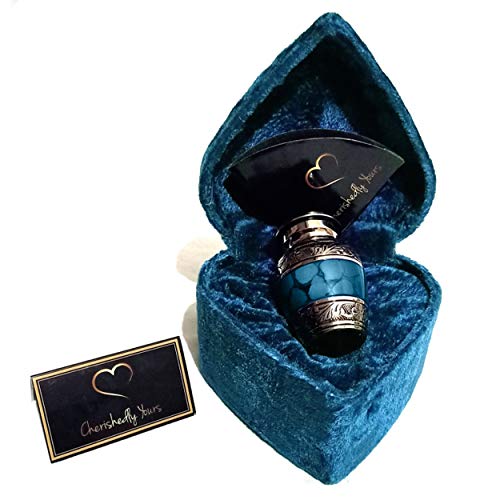 Small Keepsake Cremation Urns for Human Ashes with Velvet Heart Case and Funnel - Beautiful Peaceful Dark Blue Brass Hand Engraved Mini Memorial Urn Blue Small Keesake Urn