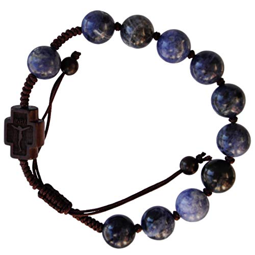 Sine Cera Sodalite Stone/Jujube Wood 1 Decade Catholic Rosary Bracelet with Double-sided Laser Engraved Centerpiece with Crucifix and Madonna with Child, Durable Adjustable Corded Design, Smooth Round 10mm Beads