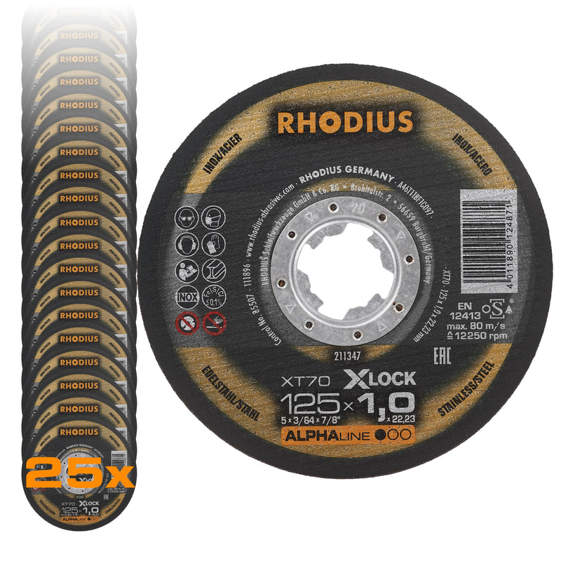 Rhodius XT70 X-LOCK Metal Cutting Disc, 125 x 1.0 x 22.23 mm, Pack of 25 | For stainless steel and steel, made in Germany, fast and precise cuts, good service life, for X-LOCK angle grinder, Alphaline Ø125 x 1,0