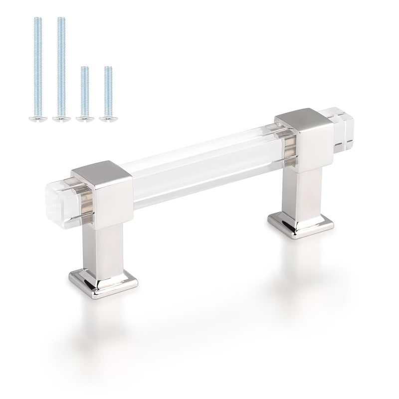 10 Pack Adjustable Kitchen Cabinet Handles, 3 Inch Hole Center Clear Acrylic Cabinet Pulls, Zinc Alloy Base Polished Chrome, Modern Glass Drawer Pulls for Kitchen and Bathroom Cabinets Hole Center:3inch(76mm) 10