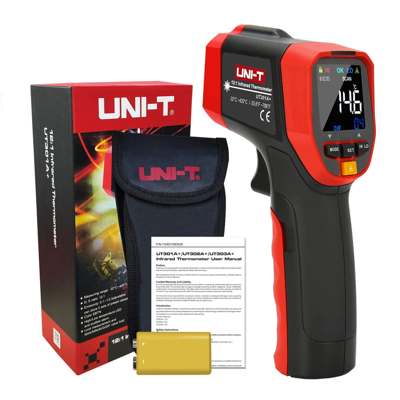 [Australia - AusPower] - UNI-T UT301A+ Infrared Thermometer, Not for Human, -25.6°F to 788°F (-32°C to 420°C) Non-Contact Digital Laser Temperature Gun with LCD Display, Red & Grey 