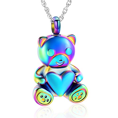 shajwo Teddy Bear Cremation Urn Necklace for Women Men Teddy Bear- Rainbow